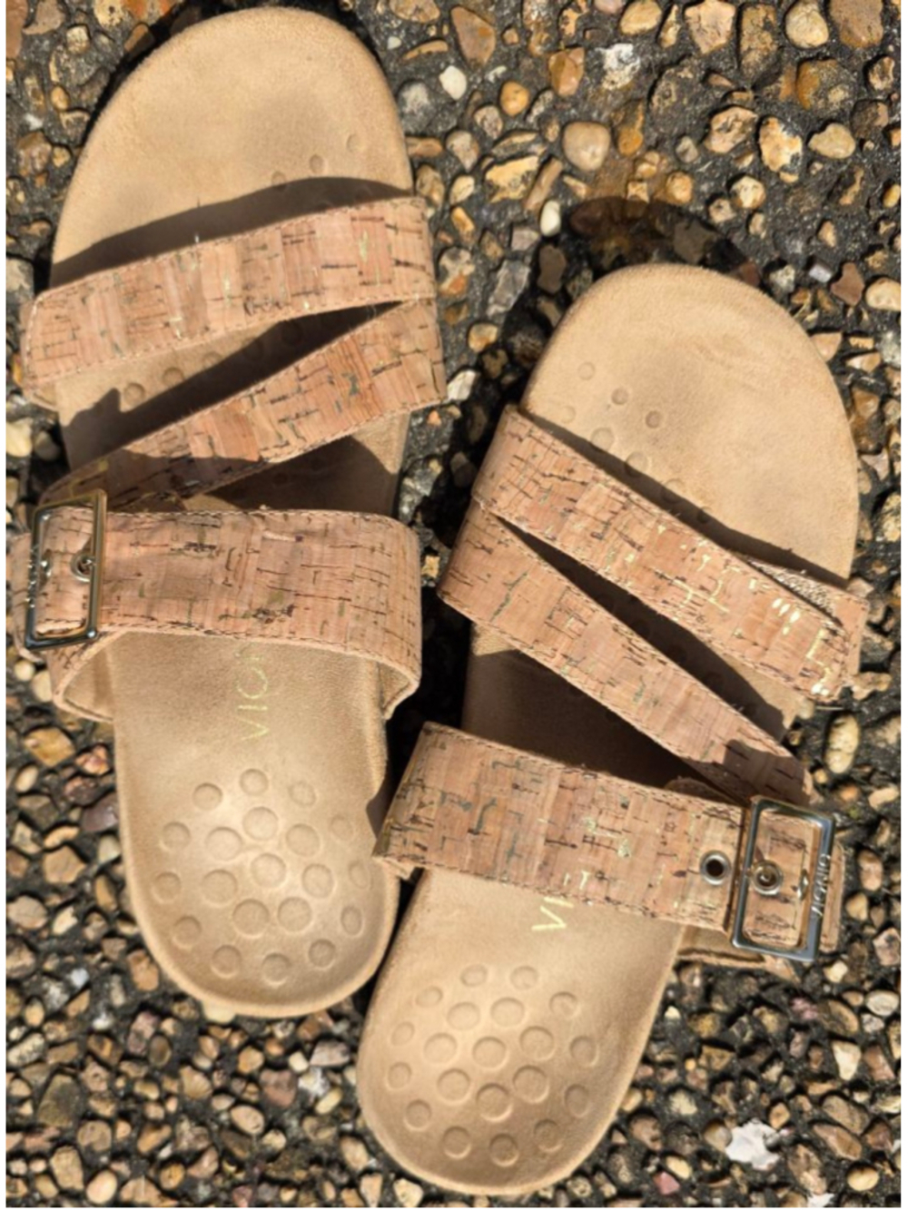 Vionic Cork Double Strap Slide Sandals Size 8 Gold Fleck Comfort Footbed - Picture 2 of 11